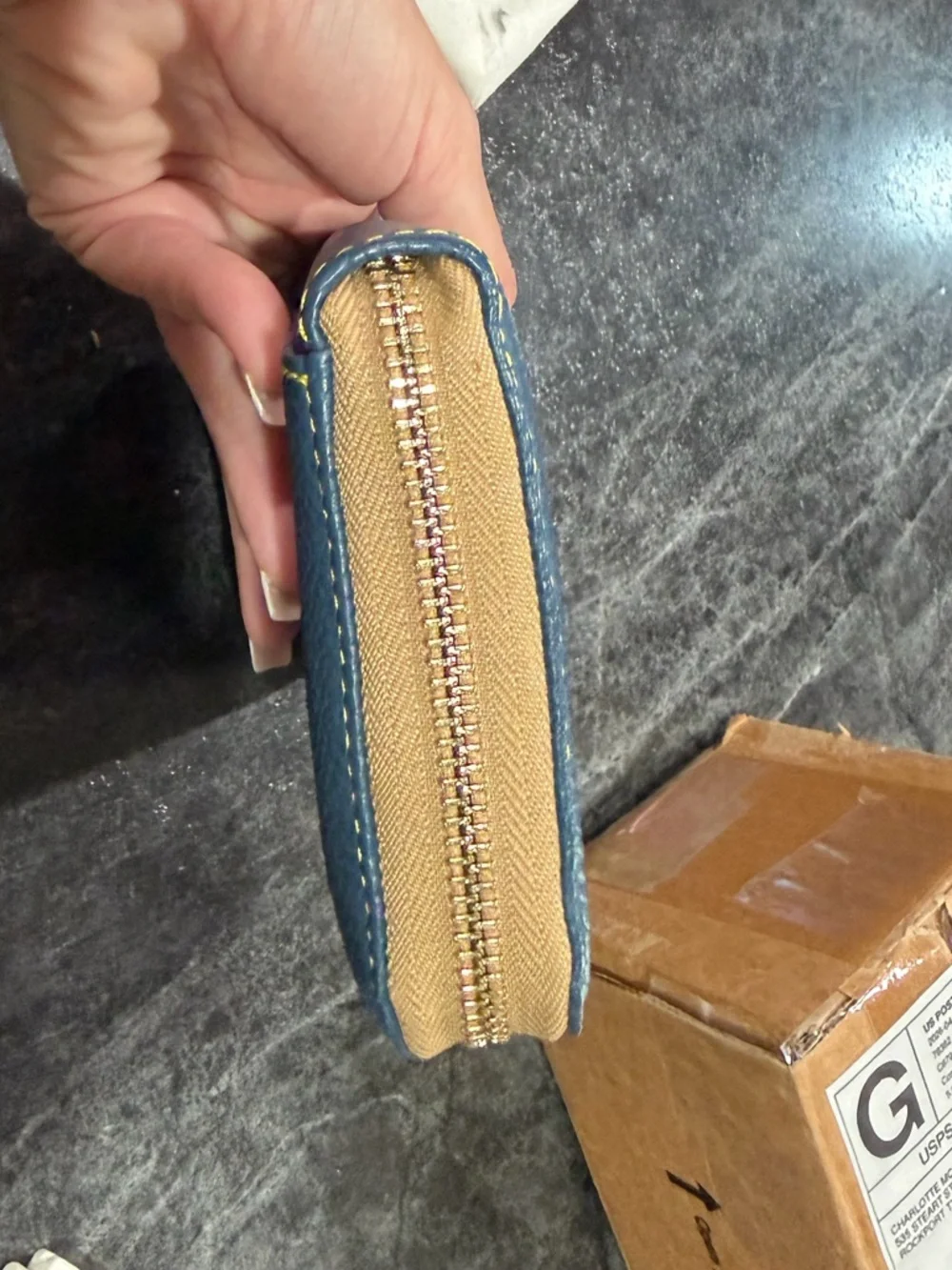 Dooney & Bourke Navy Pebbled Leather Zip Wallet with Brown Patch - Picture 4 of 11